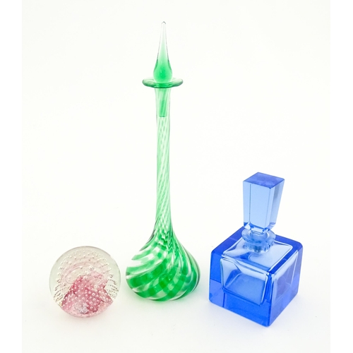 210 - Three assorted items of art glass to include a retro blue glass perfume / scent bottle and stopper, ... 