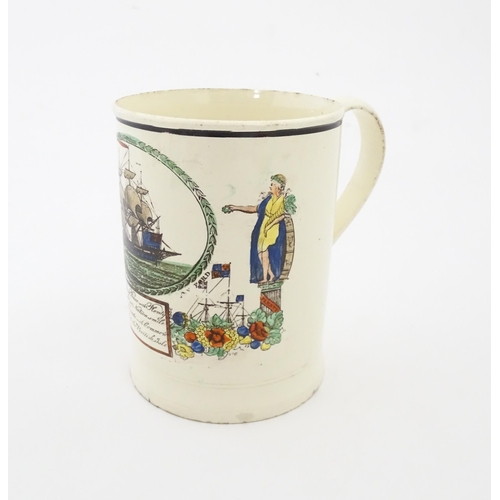 70 - A Dawson & Co. creamware tankard depicting a merchant sailing ship and bearing the motto 'May Peace ... 