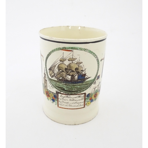 70 - A Dawson & Co. creamware tankard depicting a merchant sailing ship and bearing the motto 'May Peace ... 