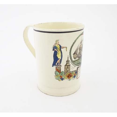 70 - A Dawson & Co. creamware tankard depicting a merchant sailing ship and bearing the motto 'May Peace ... 