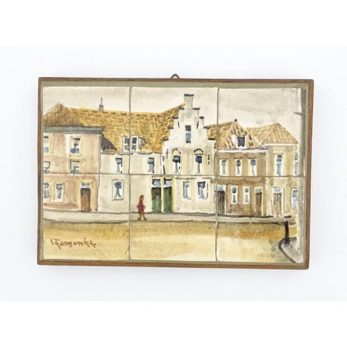 83 - A Dutch hand painted tableau comprising six tiles depicting a street scene with a figure, signed Kam... 