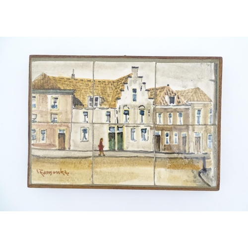 83 - A Dutch hand painted tableau comprising six tiles depicting a street scene with a figure, signed Kam... 