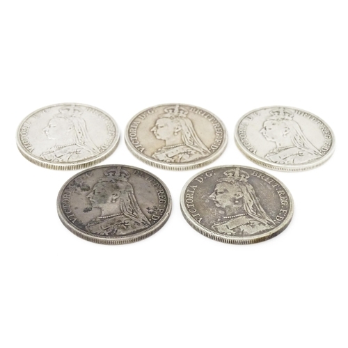 910 - Coins: Five Victorian crowns dated 1889, 1890, 1891 and two 1892 (5)