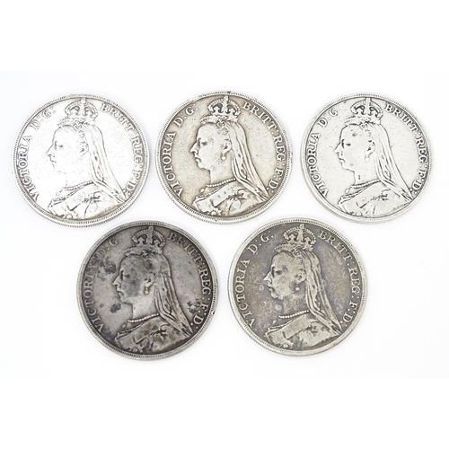 910 - Coins: Five Victorian crowns dated 1889, 1890, 1891 and two 1892 (5)