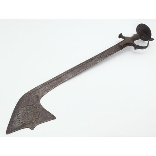 920 - Militaria: a 19thC Rajasthani Jamadhar Teg / Kharga / Kora sword, the steel blade with inward curve ... 