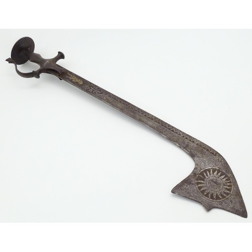 920 - Militaria: a 19thC Rajasthani Jamadhar Teg / Kharga / Kora sword, the steel blade with inward curve ... 