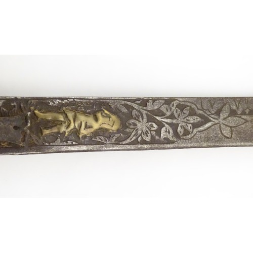 920 - Militaria: a 19thC Rajasthani Jamadhar Teg / Kharga / Kora sword, the steel blade with inward curve ... 