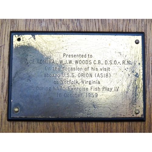 930 - Militaria : a commemorative naval plaque , inscribed 'Presented to Vice Admiral W. J. W. Woods CB DS... 