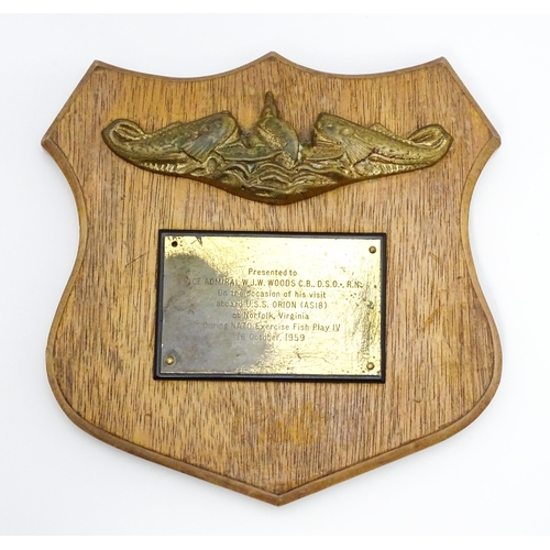 930 - Militaria : a commemorative naval plaque , inscribed 'Presented to Vice Admiral W. J. W. Woods CB DS... 