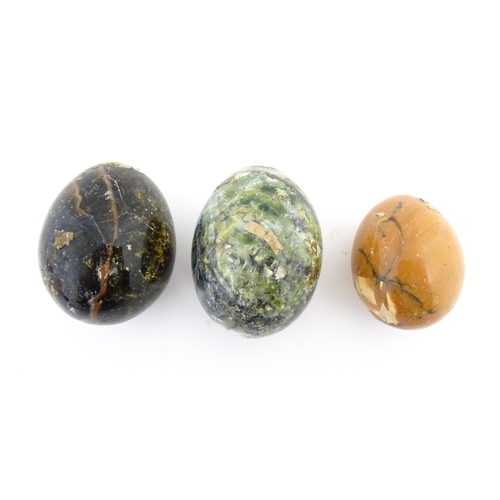 1091 - Natural History / Geology Interest: Four assorted polished hardstone specimen eggs. Largest approx. ... 