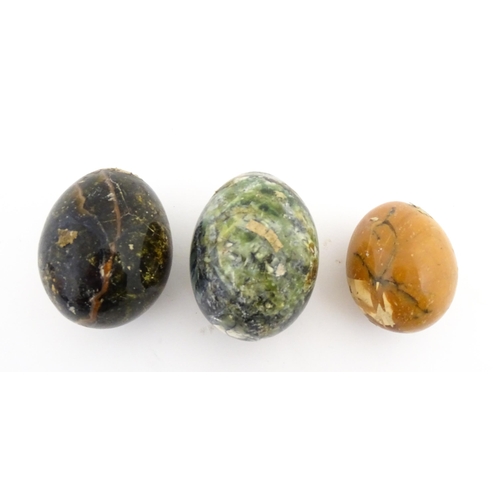 1091 - Natural History / Geology Interest: Four assorted polished hardstone specimen eggs. Largest approx. ... 