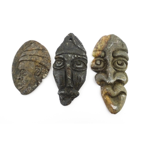 1144 - Ethnographic / Native / Tribal : Three African carved soapstone amulets / talisman of mask form. Lar... 