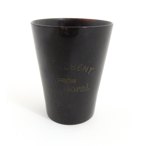 1158 - A Victorian souvenir horn tot cup of tapering form marked A Present from Balmoral. Approx. 2 1/2