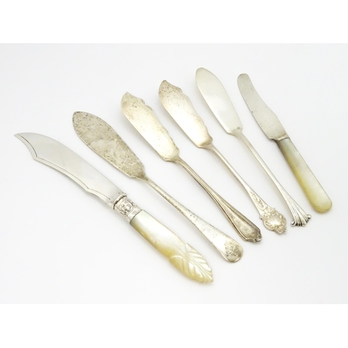 341 - Six assorted silver butter knives to include two examples with mother of pearl handles on hallmarked... 