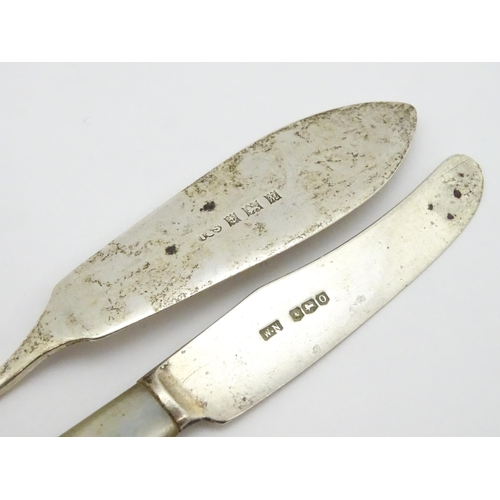 341 - Six assorted silver butter knives to include two examples with mother of pearl handles on hallmarked... 