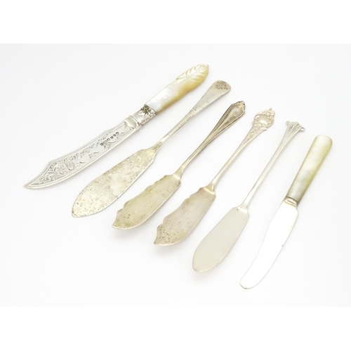 341 - Six assorted silver butter knives to include two examples with mother of pearl handles on hallmarked... 