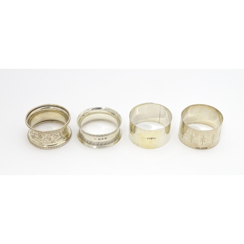 345 - Four assorted silver napkin rings hallmarks to include Birmingham 1898, maker Joseph Gloster, Birmin... 