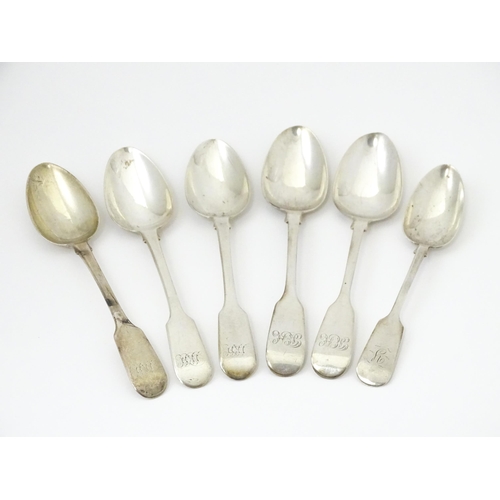 338 - Six 19thC silver teaspoons comprising three hallmarked London 1818 maker Richard Poulden, two hallma... 