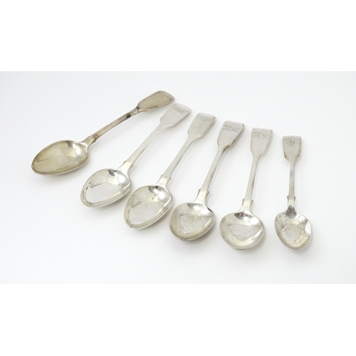 338 - Six 19thC silver teaspoons comprising three hallmarked London 1818 maker Richard Poulden, two hallma... 