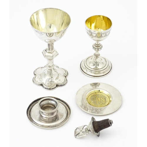 347 - Ecclesiastical Travelling communion wares to include white metal and silver plate chalice and paten ... 