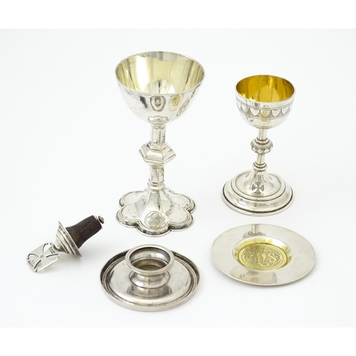 347 - Ecclesiastical Travelling communion wares to include white metal and silver plate chalice and paten ... 