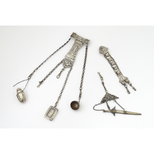 370 - Three various white metal and silver plate 19thC chatelaine one with 19thC silver vinaigrette hallma... 