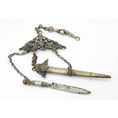 370 - Three various white metal and silver plate 19thC chatelaine one with 19thC silver vinaigrette hallma... 