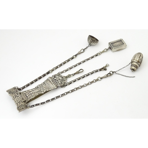 370 - Three various white metal and silver plate 19thC chatelaine one with 19thC silver vinaigrette hallma... 