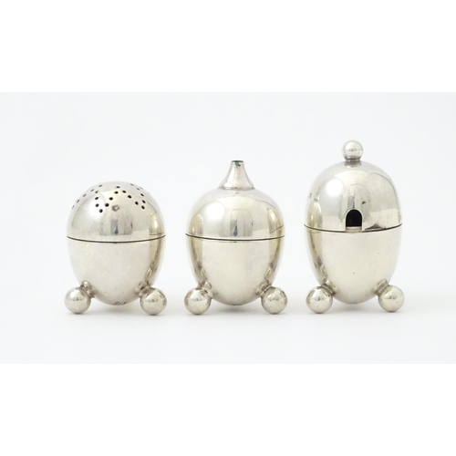 371 - A Mappin and Webb Princes' plate three piece silver plate cruet. The mustard pot approx 2