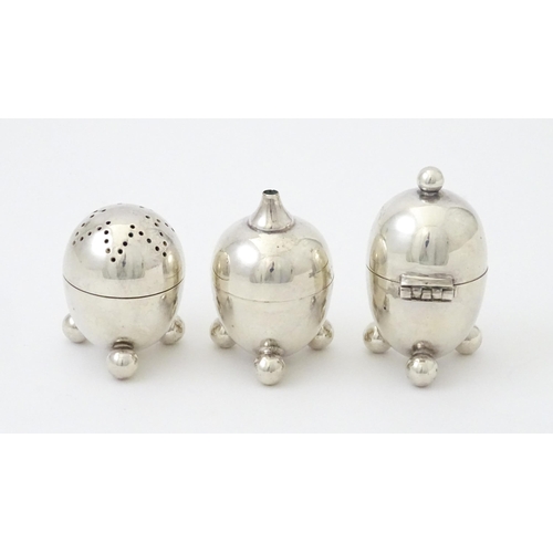 371 - A Mappin and Webb Princes' plate three piece silver plate cruet. The mustard pot approx 2