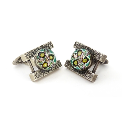 738 - A pair of silver cufflinks with millefiori domed cabochon detail, hallmarked Birmingham 1970 maker C... 