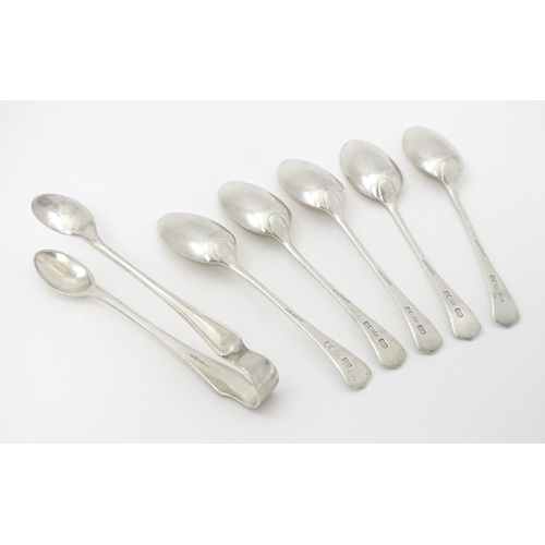 355 - Five silver teaspoons with tongs hallmarked Sheffield 1905, maker Atkin Brothers. Tongs approx. 4 1/... 