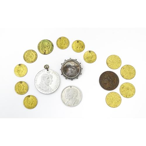 911 - Assorted items to include tokens as Geo III spade guinea coins, etc. a Victorian silver brooch depic... 