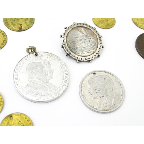 911 - Assorted items to include tokens as Geo III spade guinea coins, etc. a Victorian silver brooch depic... 