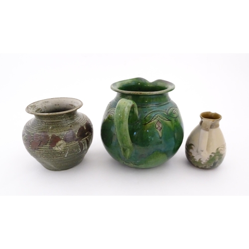 103 - Three assorted studio pottery items comprising a Spanish jug with banded detail marked Gongora Ubeda... 