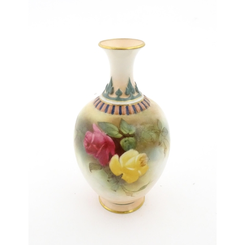 121 - A Royal Worcester vase with hand painted decoration depicting pink and yellow roses, with gilt highl... 