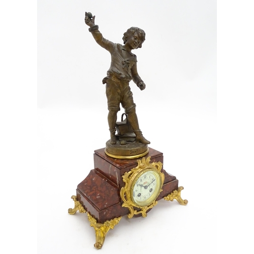 1436 - A French 8-day mantel clock striking on a bell, the rouge marble base housing a movement by A. D. Mo... 