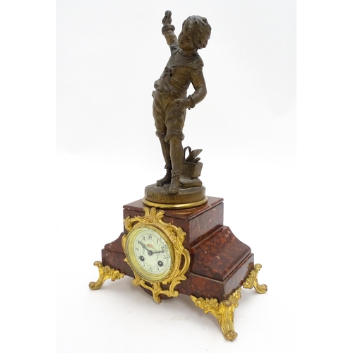 1436 - A French 8-day mantel clock striking on a bell, the rouge marble base housing a movement by A. D. Mo... 