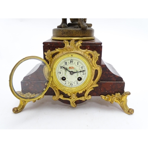 1436 - A French 8-day mantel clock striking on a bell, the rouge marble base housing a movement by A. D. Mo... 