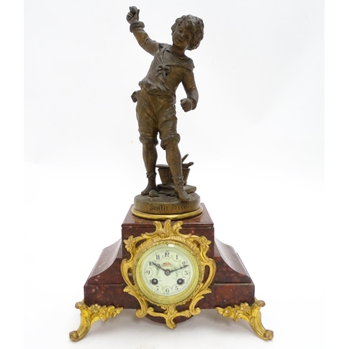 1436 - A French 8-day mantel clock striking on a bell, the rouge marble base housing a movement by A. D. Mo... 