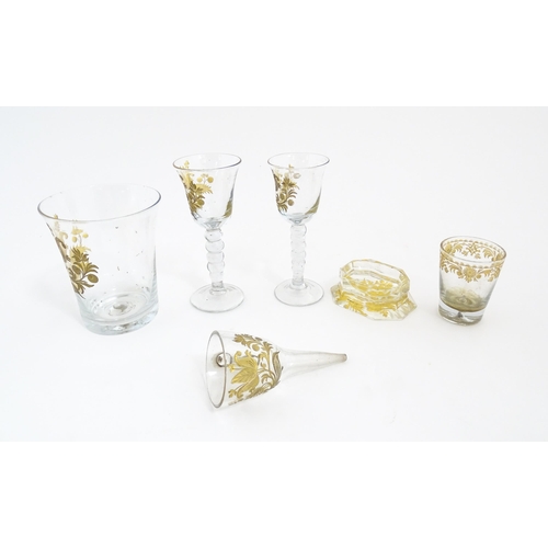 200 - 18thC glass to include 18thC wine glasses, beakers, funnel, etc. with engraved gilt foliate and tuli... 