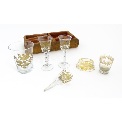 200 - 18thC glass to include 18thC wine glasses, beakers, funnel, etc. with engraved gilt foliate and tuli... 