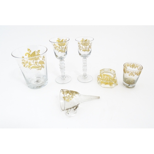 200 - 18thC glass to include 18thC wine glasses, beakers, funnel, etc. with engraved gilt foliate and tuli... 