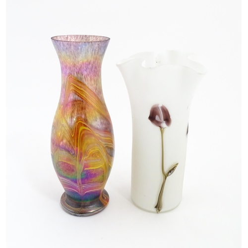 209 - A milk glass vase with calla lily detail. Together with a vase decoration decorated in the Favrile s... 