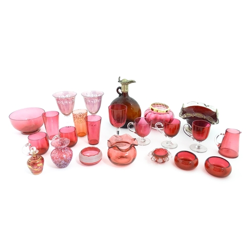 212 - A quantity of Victorian and later assorted glassware to include cranberry glass beakers, drinking gl... 