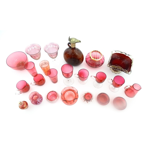 212 - A quantity of Victorian and later assorted glassware to include cranberry glass beakers, drinking gl... 