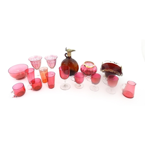 212 - A quantity of Victorian and later assorted glassware to include cranberry glass beakers, drinking gl... 