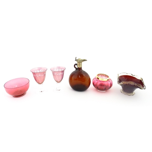 212 - A quantity of Victorian and later assorted glassware to include cranberry glass beakers, drinking gl... 