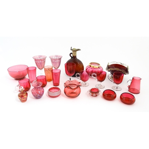 212 - A quantity of Victorian and later assorted glassware to include cranberry glass beakers, drinking gl... 