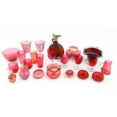 212 - A quantity of Victorian and later assorted glassware to include cranberry glass beakers, drinking gl... 